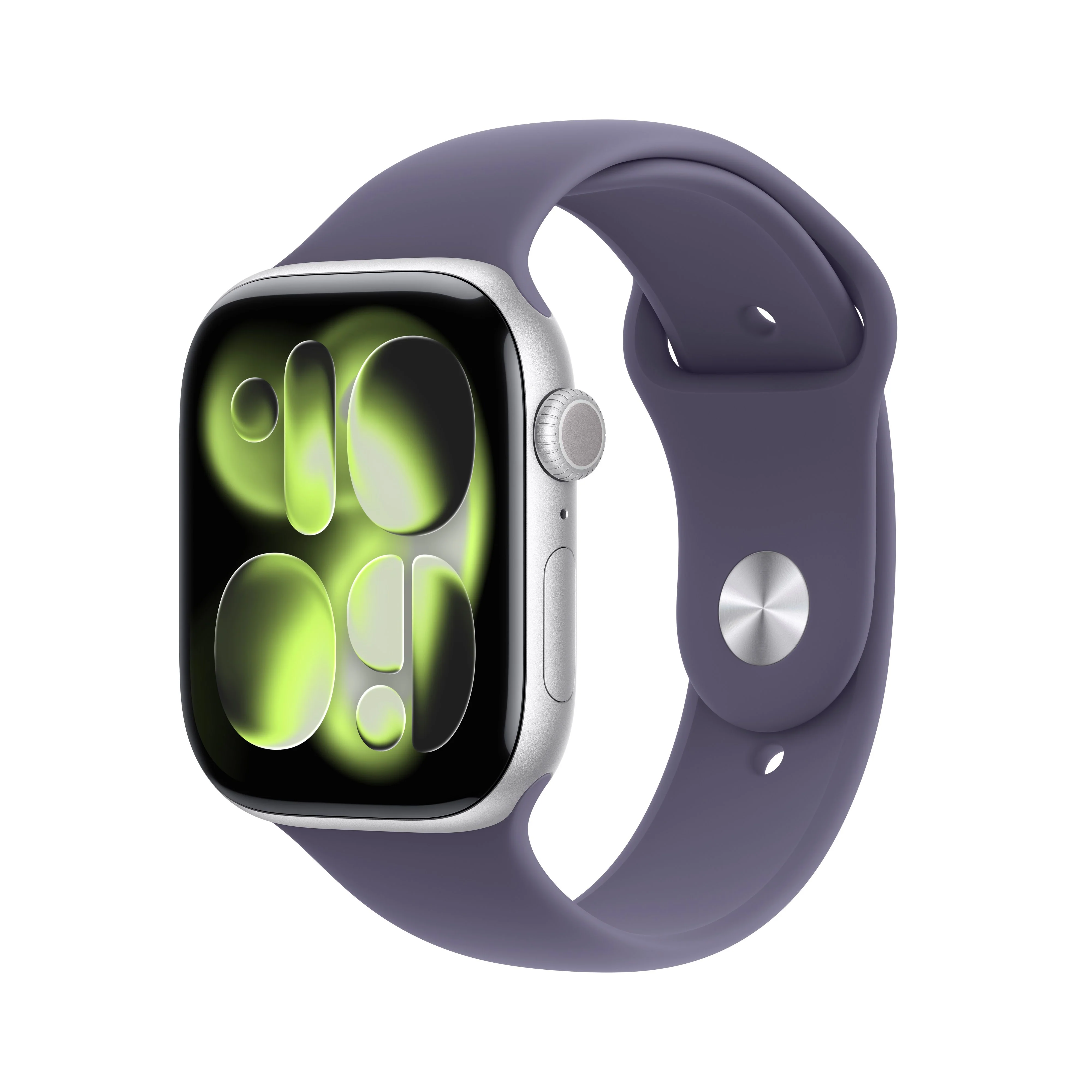 Apple Watch Series 11 (GPS + Cellular) • 46‑mm kast van zilverkleurig aluminium • Zachtpaars sportbandje - S/M